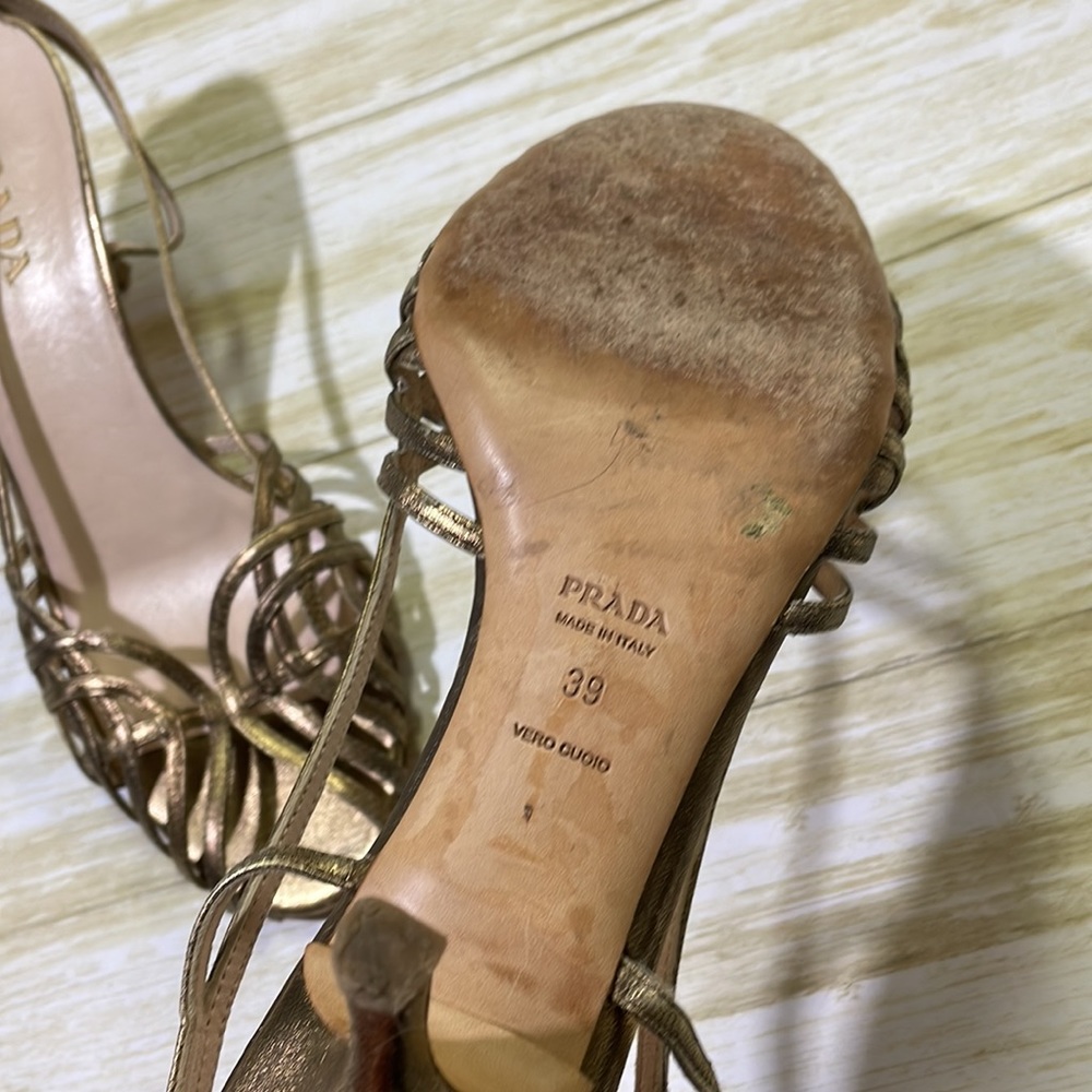 Prada womens 39 US 8 gold shine leather strap heel shoes EUC made in Italy EUC - Picture 5 of 8